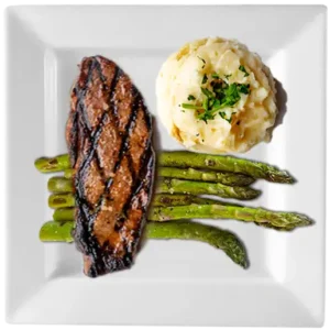 NY String with asparagus and mashed potatoes
